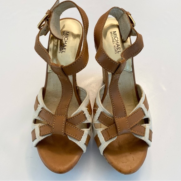 Michael Kors Melody Wedge Leather Canvas Platform Sandals Peanut Tan Sz 9 Resort - Picture 5 of 12